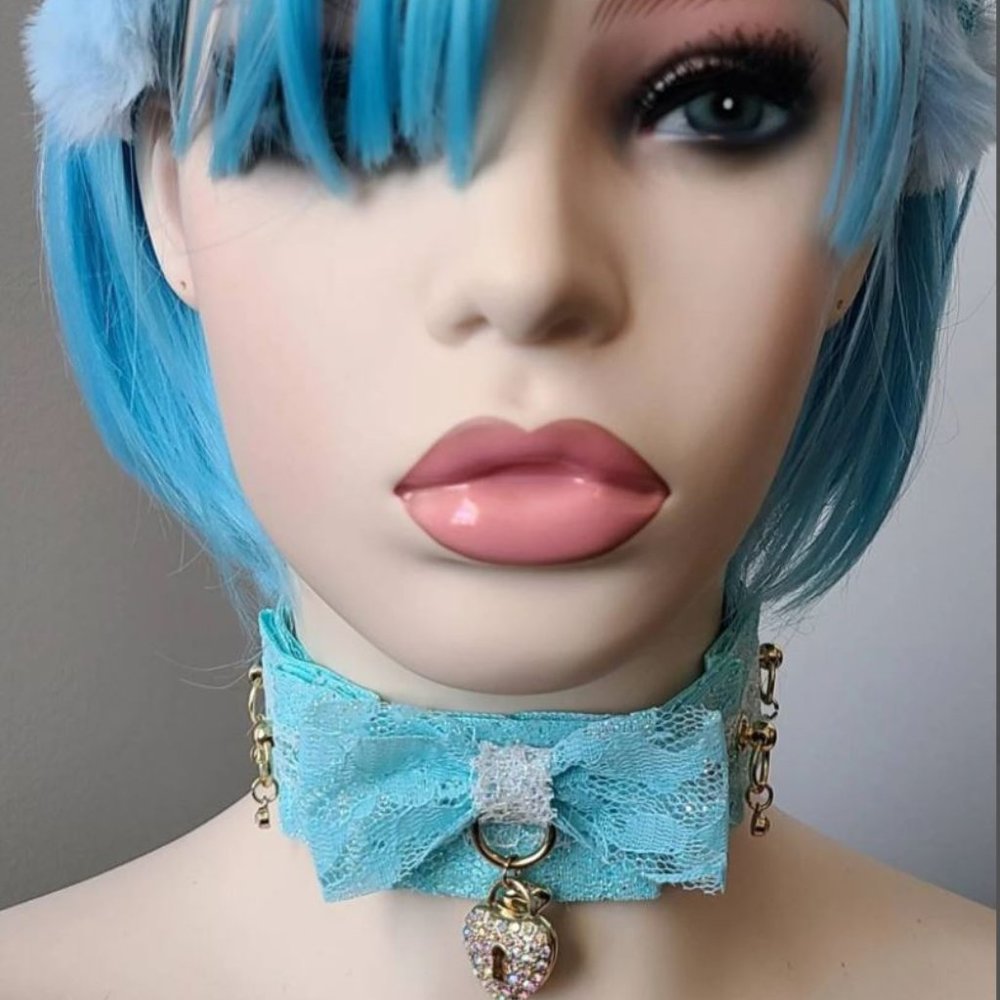 Kitten Play Princess Day Collar in sky blue and gold with rhinestone heart lock